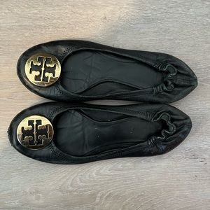Tory Burch black flats with gold logo